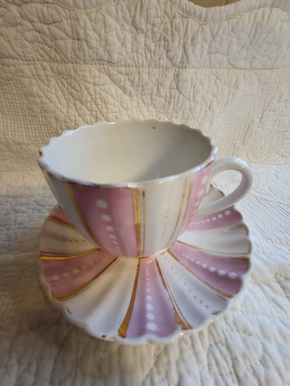 Antique German Striped Pink and Gold Porcelain Teacup and Saucer